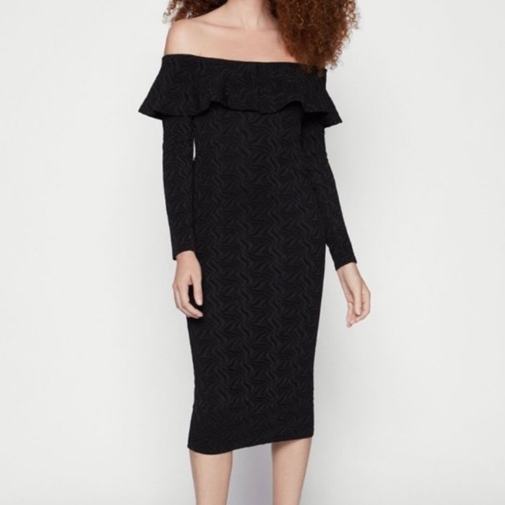 BCBGeneration Black and Red Off the Shoulder Bodycon Dress
